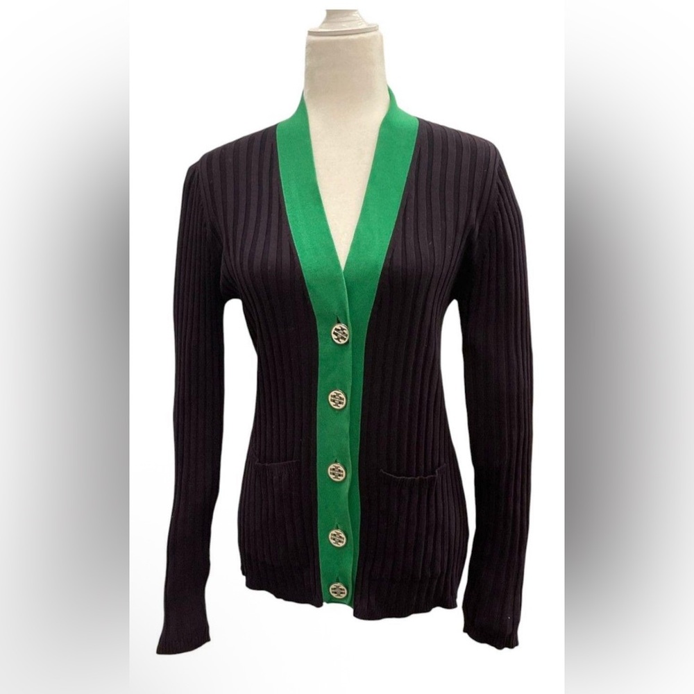 Tory Burch- Black Ribbed Cardigan with Green Trim Size Large